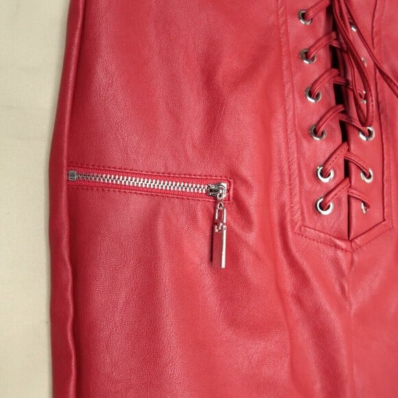 NWT Edge Street Red Faux Leather Mini Skirt Zippers Lace Up Vegan Women's XS - Picture 3 of 8